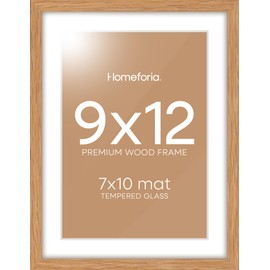 Homeforia 9x12 Wood Frame, High End Wood Frame 9x12 Oak for Wall, 9x12 Wooden Frame, Natural Wood Frames 9x12, Photo Frame 9x12 Wood with Mat 7x10, Tempered Glass, Wall Kit, Set of 1