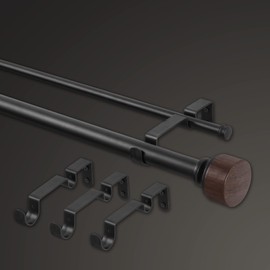 MODE Premium Collection Double Curtain Rod Set (1 1/8" Front Rod and 5/8" Back Rod) with Mod Doorknob Curtain Rod Finials, Adjustable Curtain Rod Fits 144” to 240” Windows, Matte Black and Dark Brown