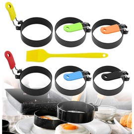 YUUTIAL Pack of 6 3.5 Inch Egg Rings with Oil Brush, Stainless Steel with Heat Resistant Folding Handles,Non-Stick Round Mold Shaper for McMuffins