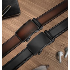 KEMISANT Men Belt 2 Pack, Leather Ratchet Belt Easy Click Slide For Men 1 3/8",Cut for Fit(Black/Deep Brown,32"-38" Waist Adjustable)