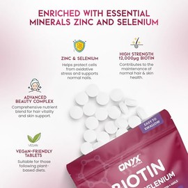 Biotin 12,000μg Hair Skin and Nails Vitamins – High Strength with Zinc & Selenium | 24,000% NRV Biotin Supplement for Hair Support, Nail & Skin | 180 Vegan Tablets for Women & Men UK Made