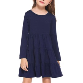 Arshiner Girls' Super Soft Cotton Long Sleeve Tiered Dress, Dark Blue, 120(Age for 5-6Y)