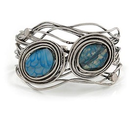 Avalaya Vintage Inspired Blue Semiprecious Stone Wire Cuff Bracelet/Bangle - Silver Tone - Adjustable