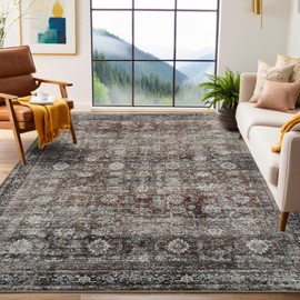 GarveeHome Washable Area Rugs 5x7 Vintage Printed Accent Rugs with Non-Slip Backing, Stain-Resistant Oriental Throw Rugs, Farmhouse Low Pile Rugs for Bedroom, Living Room, Red Green