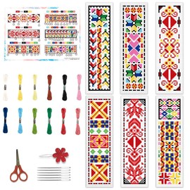 BEUNITONE Cross Stitch Bookmark Kits 6 Pcs Traditional Decorative Patterns Counted Cross Stitch Kit Hand Stamped Embroidery Kit for Beginners Floral Fabric Bookmark Making Kit DIY 8''x2.4''