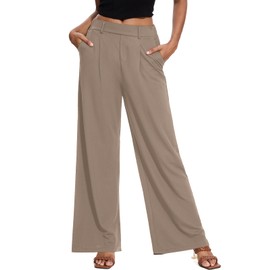 M MOTEEPI Slacks for Women Dressy Elastic Waist Work Pants Women Business Casual 29" Ladies Waffle Pants Wide Leg Trousers Women's Palazzo Pants Rugby Tan XL