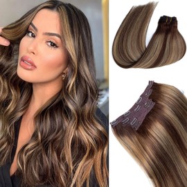Hair Extensions Clip in Real Human Hair,Ombre Brown to Chocolate Brown with Caramel Blonde Highlights Hair Extensions Clip in for Women, 4 Pcs Double Weft Seamless Hair Extensions Clip ins 100G 16Inch