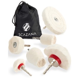 SCAZANA® Polishing Discs for Drills - X-TRA Edition with Hex Shank and Wide Polishing Disc - Polishing Set 6 Pieces Including Useful Nylon Carry Bag - Polishing Attachment Cordless Screwdriver for All Surfaces e.g. Chrome, stainless steel, aluminium, pla