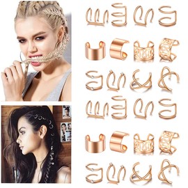 Rose Gold Hair Braids Dreadlock, 24 Pcs Non-Piercing Ear Clip Beard Beads Cuffs Clip Hair for Women Men Hair Accessories Styling Jewelry Tools