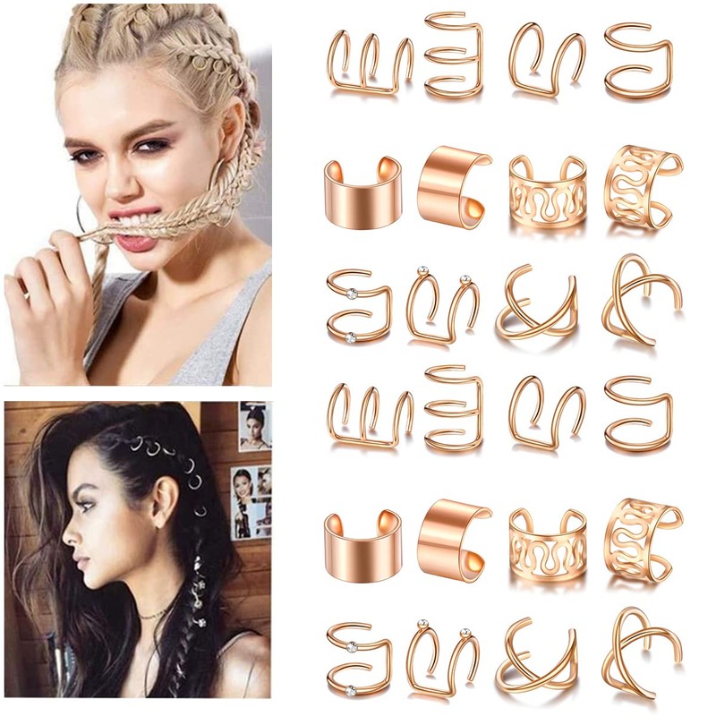 Rose Gold Hair Braids Dreadlock, 24 Pcs Non-Piercing Ear Clip