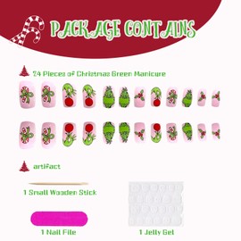 TELAIN Christmas Press-on Nails, Short Square Artificial Nails, Pink Nails with Cartoon Green Monster and Candy Cane Design, Winter False Nails for Women and Girls