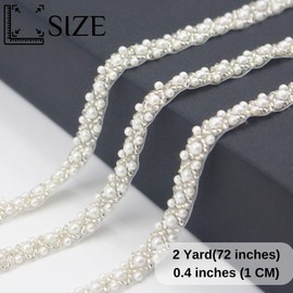 PEARLY JUN 2 Yards Pearl Beaded Trim White Bead Lace Border White Edge Ribbon Strips for Sewing Wedding Dress Applique Bridal Straps Embellishments Decoration