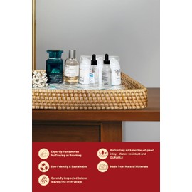 Boholodo Rattan Tray with Mother of Pearl – Handmade Decorative Rectangle, Natural Wicker, Woven Basket Tray, Vanity, Bathroom, Toilet Tank or Tabletop Display (Combo FIn)