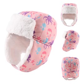 JANGANNSA Winter Earflap Girls Trapper Hats Fleece Warm Kids Snow Beanie Waterproof Baby Beanie Hats with Dinosaur Print(Pink Mermaid,M)
