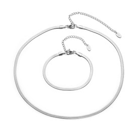 Aleasha 2 Pieces Silver Plated Snake Chain Bracelet Set Women Stainless Steel Herringbone Necklace Jewelry Gift
