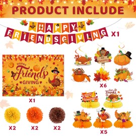 Friendsgiving Party Decorations,Includes Happy Friendgiving Banner Backdrop Honeycomb Centerpiece Hanging Swirls Pom Poms for Thanksgiving Party Decorations Supplies Indoor.