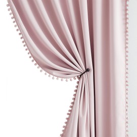 Pom-pom Pink Blackout Curtains for Bedroom 63inch Length Energy Efficient 100% Full Blackout Window Panels for Baby Girls Nursery Living Room Adorable Rod Pocket Drapes 2pcs 52"w Rod Pocket