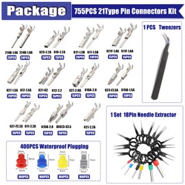 maierke 755PCS 21 Type Pin Connectors Kit,Car Electrical Wire Terminal 1/1.5/1.8/2.2/2.8/3.5mm Automotive Electrical Pins Connector Wire Removal Non-Insulated Plug Male Female Crimp