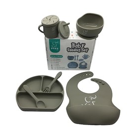 PAPU BABY Set de Alimentación - 1 Babero, 1 Plato Hondo/Bowl, 1 Plato de Divisiones, Vaso con Popote y Tapa de Snack, Tenedor y Cuchara de Silicón 100