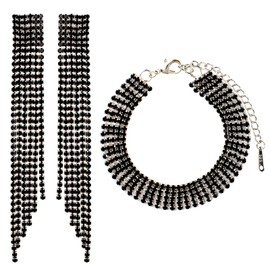 Mycitta Black Rhinestone Earrings Bracelet Set - Women Sparkling Sterling Silver Extra Long Waterfall Tassel CZ Crystal Statement Earrings with Bracelet Bridal Jewelry Set for Bride Bridesmaids