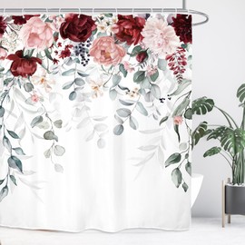 Yookeb Eucalyptus Leaves Burgundy Flower Bathroom Shower Curtain 60W by 71H Inch Sage Green Farmhouse Floral Watercolor Plant Botanical Accessory Polyester 12 Plastic Hooks Waterproof Decor
