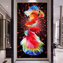 Qeerysew Cross Stitch Kit Stamped Full Range of Embroidery Starter Kit for Beginners DIY 11CT 3 Strands-Printed kit Colorful Koi (Printed) 23.6×43.3 inches