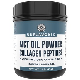 MCT Oil Powder with Acacia Fiber & Collagen Peptides – Prebiotic Collagen Protein, 10g MCTs from Coconuts, Sugar Free Keto Coffee Creamer – Grass Fed, Unflavored, Non-GMO, Gluten Free, 16 oz