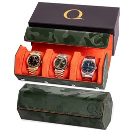 QWATCHBANDS Napa Leather Watch Rolls for Men - Hexagon Triple Watch Roll Travel Case 3 Watches - Storage Organizer Genuine Leather with Velvet Interior Display (Camo Green/Orange)