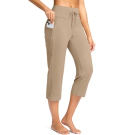 G Gradual Yoga Capri Pants for Women with Pockets High Waist Capris Leggings Tummy Control Straight Workout Summer Crop Pants(Khaki,S)