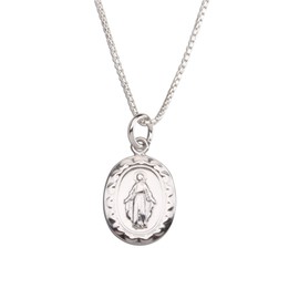 Precious Pieces Girl's or Women's Sterling Silver Miraculous Medal Charm Necklace for First Communion, Confirmation, Religious Gift, 16-18 inch