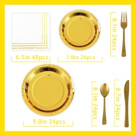 Yinbanban Gold Party Supplies 168pc Disposable Dinnerware Set - 24 Gold Paper Plates (9"&7"), Cups, Cutlery & Napkins for Birthday Wedding Anniversary Graduation Decorations - Serves 24