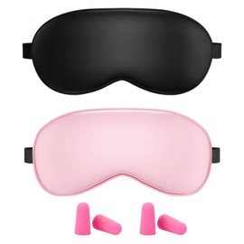 Pack of 2 Silk Sleep Mask, Soft Silk Sleeping Mask, Eye Mask with Earplugs, Light Blocking Sleeping Mask with Adjustable Strap, Eye Mask for Sleeping, Sleeping Eye Mask for Travel Gadget