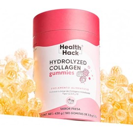 Health Hack Colágeno Hidrolizado en Gomitas, 1910 mg con 5 Tipos de Colágeno I, II, III, V y X, Ácido Hialurónico, Vitamina C, Zinc y Biotina, Sabor Fresa, Sin Azúcar, 180 Gomitas