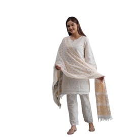 MAGHMA Chikankari Kurtis for Women Pakistani Salwar Kameez Suit Set Indian Dresses Cream White Kurti Pant & White Color Dupatta Set (M)