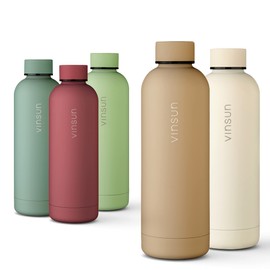 Vinsun Stainless Steel Drinking Bottle, 500 ml, Beige, Leak-Proof, Suitable for Carbonated Drinks, BPA-Free, Thermos Flask, Sports, Outdoors, School, University, Bicycle, Office, Gym, Hiking
