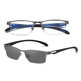 REONAS Blue Light Blocking Glasses + Photochromic Transition Computer Glasses 2-Way Style for Business PC Work and Outdoor Use as Sunglasses Lightweight UV 90%+ Half Rim BRAND 2, gray (Gunmetal)