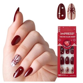 KISS imPRESS Holiday Press On Nails Almond, ‘Wrap Me Up’, Burgundy, Medium, Magnetic Powder Effect, Improved Super Hold Adhesive, 30 Fake Nails, Prep Pad, Mini Nail File, & Manicure Stick