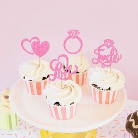 Keaziu Paquete de 24 adornos para magdalenas con texto en inglés "Love I Do Cupcake Toppers para el día de San Valentín, anillo de corazón para boda, propuesta de compromiso, despedida de soltera, fiesta temática de amor, decoración de tartas, color rosa