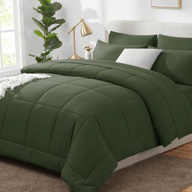 CozyLux Olive Green Comforter Set King - 7 Pieces Bed in a Bag King Size Comforter Set Bedding Set with All Season Quilted Comforter, Flat Sheet, Fitted Sheet, Pillowcases, Olive Gree, King