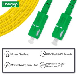 Fibergaga-15m(50ft) OS2 SC/APC to SC/APC Fiber Patch Cable Single Mode, Simplex, Length Option: 0.5M(1.6ft)-100m(328ft) 9/125µm 2.0mm Diameter Internet Fiber Optic Cable, OS1/OS2 Compatible