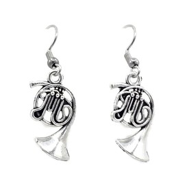 Musical - French Horn - 23x13mm - Silver alloy charm dangle earrings. Hypoallergenic Stainless Steel or Silver-Plated Fishhook or Ball Post Earring or Silver Tone Clip-on Options
