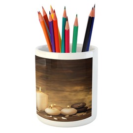 Ambesonne Spa Pencil Pen Holder, Winter Valentines Day Couples Themed Candle Flowers and Stones Image Print, Printed Ceramic Pencil Pen Holder for Desk Office Accessory, White Black and Brown