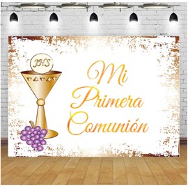 Holy Communion Party Backdrop Photograph Mi Primera Comunion Purple Grapes Background God Bless Decor Prop Photozone Photo Studio Banner Vinyl (5ft×3ft)