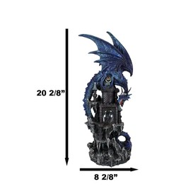 Ebros Gift Large Blue Guardian Aqualon Water Elemental Dragon On Rocky Mountain Castle Decorative Statue with Automatic Color Changing LED Night Light Mythical Fantasy Decor Figurine
