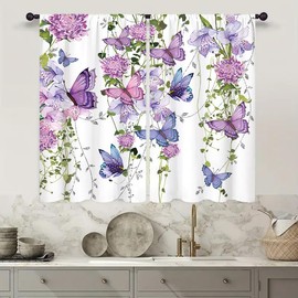 Famiffty Purple Butterfly Window Curtains 26W X 36L Inches 2 Panels Rod Pocket Spring Floral Lavender Curtains Lilac Summer Leaves Plant Girly Window Drapes Treatment Living Room Bedroom Home Decor
