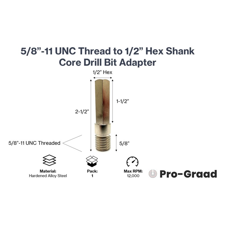 Pro-Graad Core Drill Bit Adapter 5/8"-11 Thread to 1/2" Hex