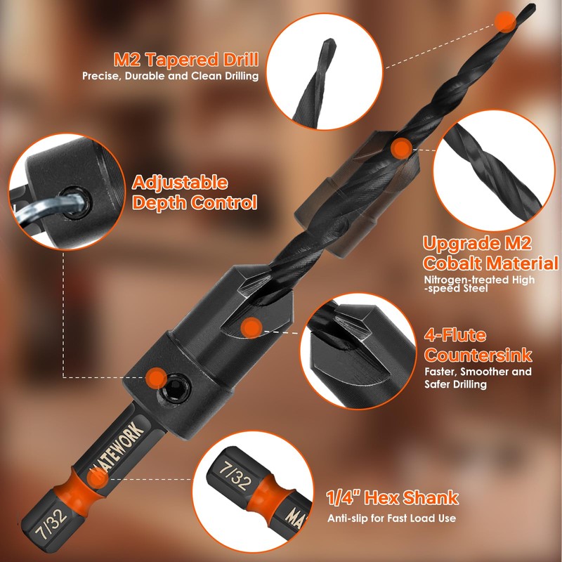 Countersink Drill Bit Set, 15PCS M2 Cobalt HSS Woodworking Tool