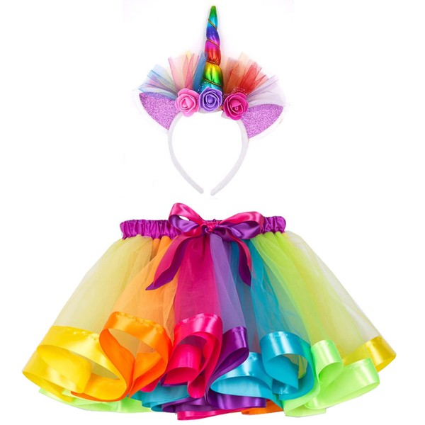 Rainbow Unicorn Tutu Skirt Girls Headband Outfits for Kids Birthday