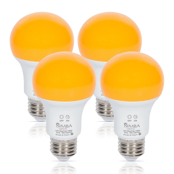 Simba Lighting LED Bug Non-Attracting Yellow Bulb 6W 40W Equivalent, Great for Outdoor Porch Light, Night Light, Dusk-to-Dawn Smart Sensor Auto On/Off, Amber Warm 2000K, A19 E26 Medium Base, Pack of 4