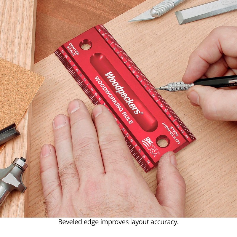 Woodpeckers 木工規則、300mm、L2R & センターレーザー刻印スケール、米国製精密アルミニウムメトリック木工定規、斜めのエッジ付き